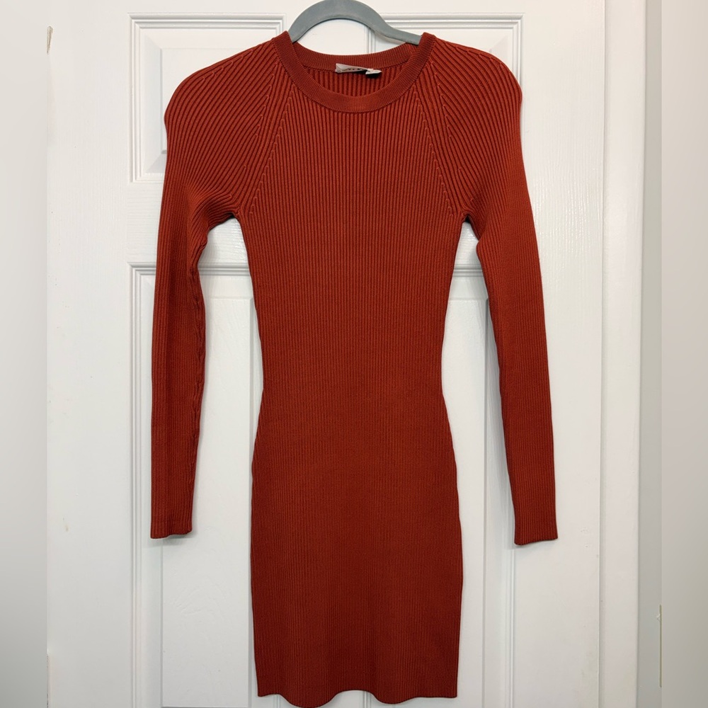A.L.C. Rust Ribbed Long-Sleeve Mini Dress